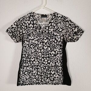 Cherokee Scrub Top Women's XS Extra Small Black White Animal Print‎ V-Neck Style